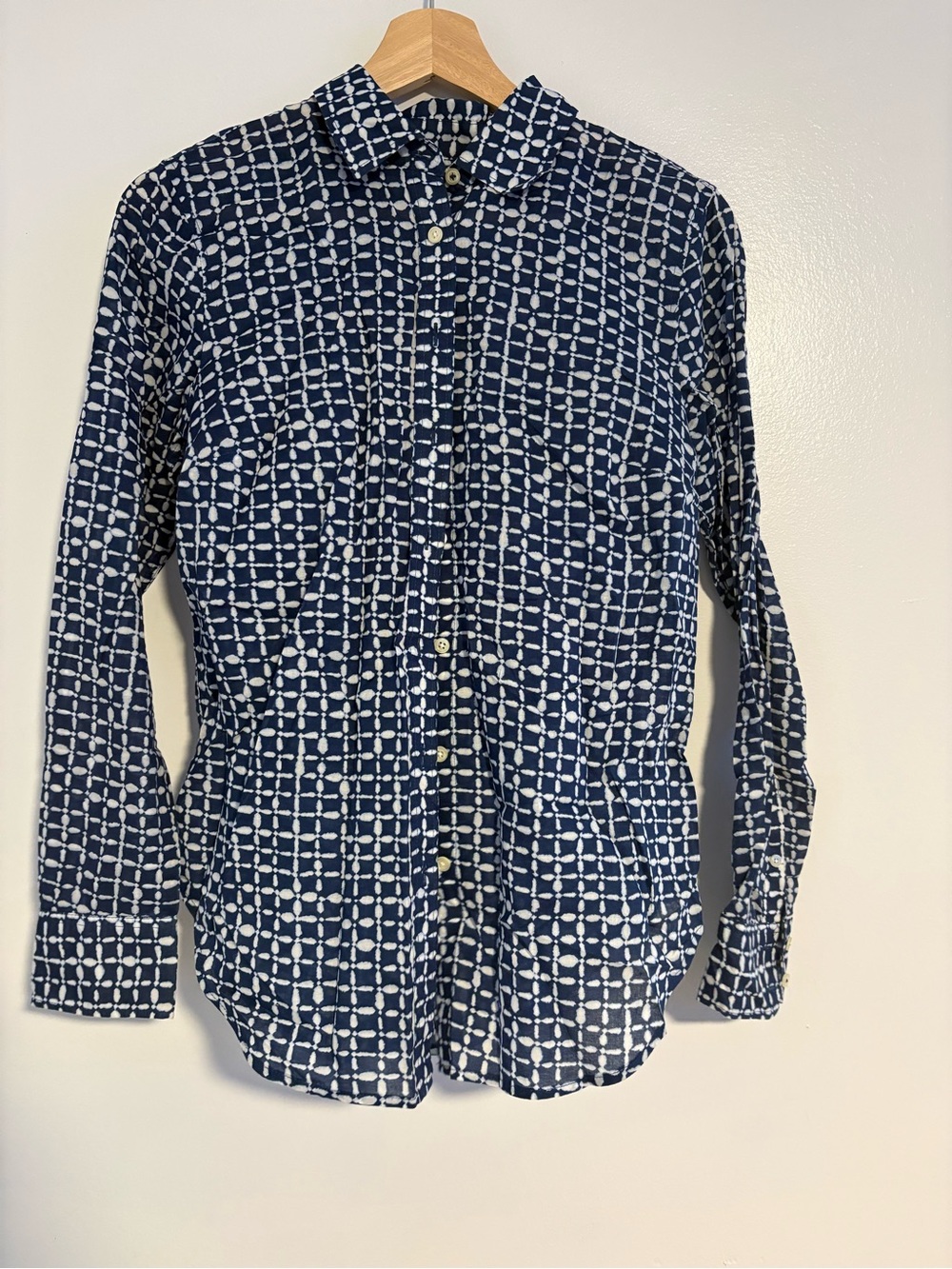 Talbots Navy and White Print Button-Down Shirt